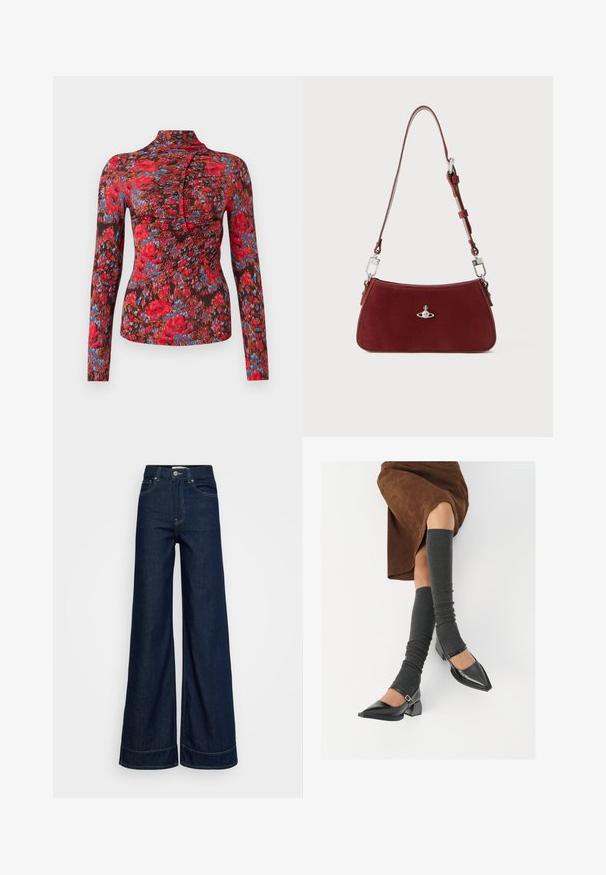 Hosszú ujjú blúz puha anyagból, élénk piros, kék és barna virágmintával. Magas gallér, az elején ráncolt kialakítással.; Sötétkék, magas derékú, bő szárú farmernadrág elülső zsebekkel, övhurkokkal, gombos zárással és látható varrással, fehér háttér előtt.; Fekete lakk bőrből készült, hegyes orrú cipők, tömbsarkúakkal és bokapánttal, szürke bordás lábszármelegítőkkel és barna velúr szoknyával párosítva.; Piros velúr válltáska ívelt formával. Ezüst tónusú kiegészítőkkel és állítható pánttal, hardver részletekkel. Simább felszíne van.