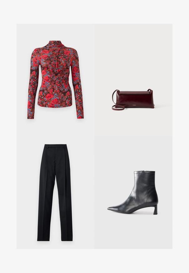 Dolga majica iz mehkega materiala z živahnimi rdečimi, modrimi in rjavimi cvetličnimi motivi. Visok ovratnik z nabranim dizajnom na sprednji strani.; Črne hlače iz gladkega materiala, ki imajo visok pas, široke noge, sprednje nabore in klasične zanke za pas. Nevidni stranski žepi.; Črne usnjene gležnjarje s šiljastim nosom in elegantnim dizajnom. Imajo nizko peto in zadrgo na zadnji strani. Gladka tekstura.; Burgundska usnjena torba čez ramo s gladko teksturo, pravokotno obliko, zapiranjem na pokrovček in tankim nastavljivim trakom. Vidna zlata logotipna podrobnost.