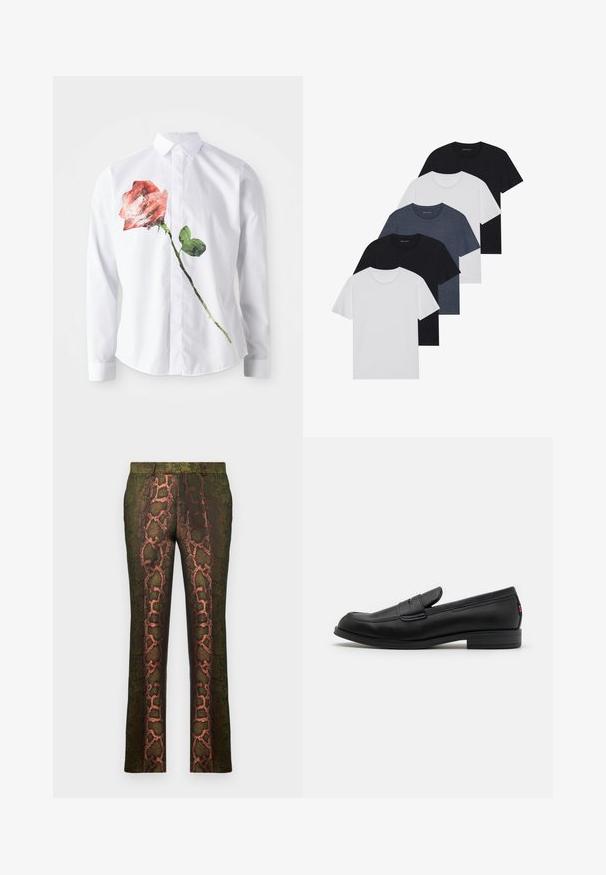 Chemise blanche à boutons avec un imprimé de roses rouges vibrantes et de feuilles vertes, fabriquée en tissu lisse, avec des manches longues et un col classique.; Ensemble de cinq t-shirts en noir, blanc et bleu marine. Tissu en coton, manches courtes, design col rond et texture unie sans motifs.; Pantalons à motifs verts présentant un design imprimé de serpent avec des nuances de marron et d'orange, coupe droite et texture lisse.; Mocassins en cuir noir avec une finition lisse, un bout arrondi et une petite flèche décorative. Dotés d'un petit talon empilé et d'un détail de marque subtil.