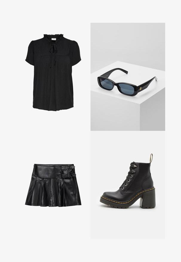 Black short-sleeve blouse with a ruffled neckline and tie detail. Features textured dot pattern and pleated front design. Soft fabric.; Black leather skirt with pleats, wide waistband, and two buckle accents on the side. Smooth texture with a glossy finish.; Black leather ankle boot featuring a chunky high heel, lace-up front, metal eyelets, and yellow stitching along the sole. Textured rubber outsole.; Black rectangular sunglasses with tinted blue lenses, thick frames, and a gold circular accent on the side. Sleek, shiny finish.