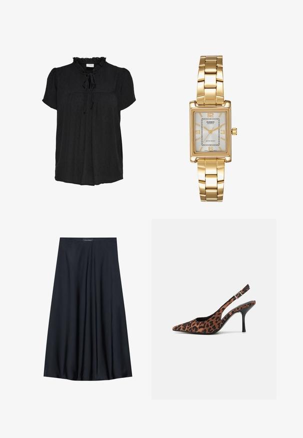 Musta lyhythihainen paita, jossa on röyhelökaulus ja solmuspisto. Sisältää teksturoidun pistekuvion ja laskostetun etusuunnittelun. Pehmeää kangasta.; Mustat, polvipituiset hameet, jotka on valmistettu kevyestä kankaasta ja joissa on läpikuultava muotoilu. Ominaisuuksina sileä tekstuuri ja hienovaraiset laskokset lisäyksinä.; Slingback-korkokengät, joissa on leopardikuvio, terävä kärki, musta kiiltävä korko ja säädettävä nilkkaremmi. Pehmeä materiaali, jossa on teksturoitu pinta.; Kulta-tone suorakulmainen rannekello, jossa on valkoinen kellotaulu, hopeanväriset tuntimerkit ja kestävä metallinen linkkiranneke. Mukana vedenkestävyysominaisuus.