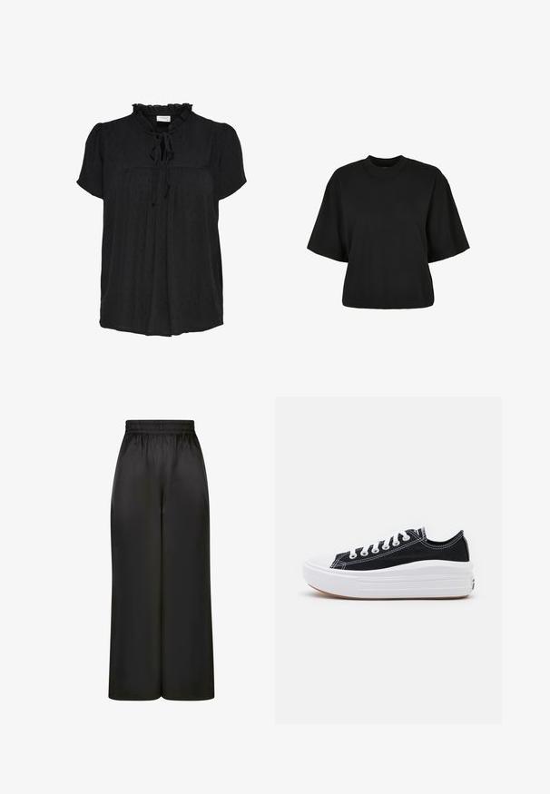 Černá blůza s krátkým rukávem, s volánkovým výstřihem a detailem na zavázání. Obsahuje texturovaný puntíkovaný vzor a skládání vpředu. Měkký materiál.; Černé zkrácené tričko vyrobené z bavlny. Má krátké rukávy a kulatý výstřih. Hladký povrch s jednoduchým designem, bez dalších vzorů.; Černé široké kalhoty vyrobené z hladké, lesklé látky, s elastickým pasem bez viditelných kapes nebo kovových detailů.; Černé plátěné tenisky s bílými tkaničkami, bílým gumovým špičkovým krytem a masivní bílou střední podrážkou. Mají jemné bílé švy a gumovou podešev.