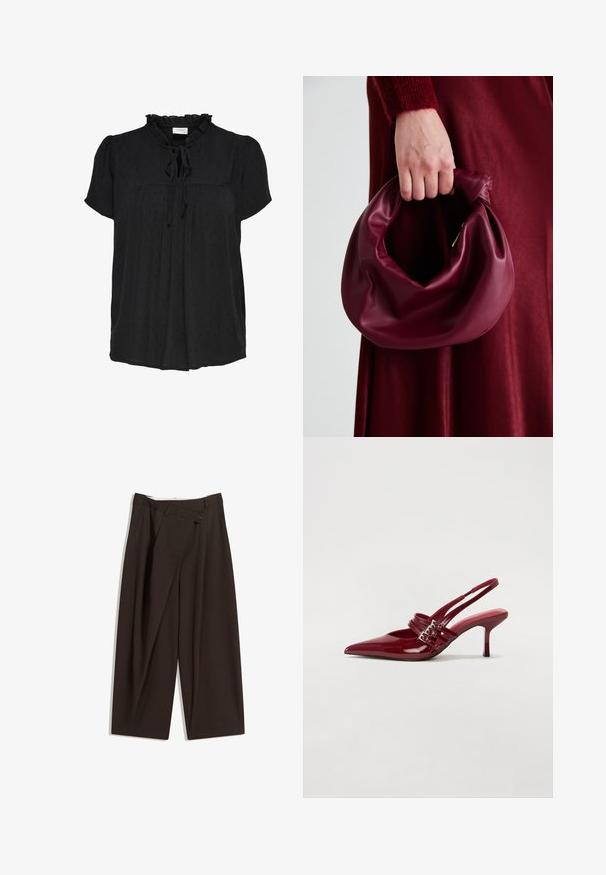 Fekete, rövidujjú blúz fodros nyakkivágással és megkötő részlettel. Textúrált pöttyös minta és plisszírozott elülső kialakítás jellemzi. Puha anyag.; Sötétbarna, bő szárú nadrág magas derékkal, egyetlen gombos záródással és redős elülső résszel. Könnyű anyagból készült.; Piros lakkbőr slingback sarokcipő, hegyes orral, két csatoló pánttal és vékony, közepes magasságú stiletto sarokkal. Simább textúrájú.; Burgundi bőrtáska puhán ráncolt dizájnnal és kerek alakban. A fogantyú rögzítve van, sima textúrával rendelkezik.