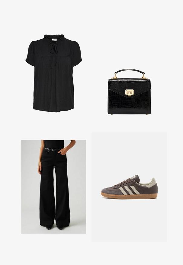 Blusa negra de manga corta con escote con volantes y detalle de lazo. Presenta un patrón de puntos texturizados y un diseño de pliegues en el frente. Tejido suave.; Jeans de pierna ancha negros con una cintura alta, hechos de mezclilla. Cuenta con un cinturón negro con una hebilla ajustable y bolsillos laterales. Costuras detalladas visibles.; Zapatilla de cuero marrón con tres rayas de color claro, suela de goma, puntera redondeada y acentos de ante texturizados en el talón y la punta.; Bolso de mano negro de cuero sintético con diseño estructurado, herrajes dorados, asa superior y cierre de solapa magnético.