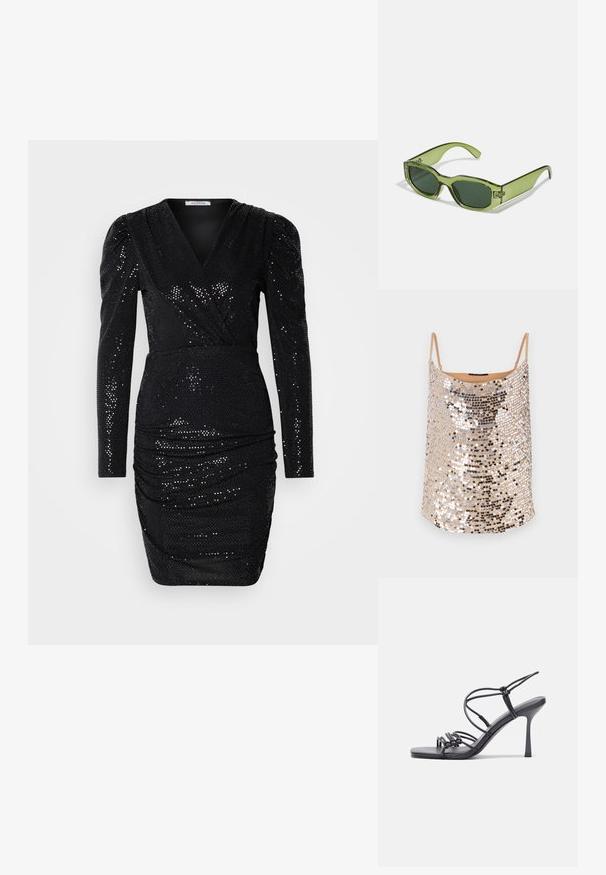 Kailas sekmētu augšdaļa ar plānām siksnām, ar sudraba un melnām sekmēm mirdzošā rakstā, gludu tekstūru un brīvu piegriezumu.; Melnas secinētu kleitas ar garām piedurknēm, dziļu V veida dekoltē, sūcešanas detaļām viduklī un pieguļošu siluetu, ar gludu tekstūru.; Melnas augstpapēžu sandales ar plāniem siksniņām un mezgla dizainu, gluda kvadrātveida purngalu un elegantu stiletto papēdi.; Zaļi caurspīdīgi saulesbrilles ar taisnstūra rāmi, tumši zaļiem objektīviem un logo akcentu sānos. Gluda tekstūra un mūsdienīgs dizains.; Melna ādas maku ar taisnstūra formu, gludu tekstūru, platu aizdari un nelielu rokturi sānos. Satur diskretu logo.; Sudraba metāla auskari ar gludu, asarveida formu un pulētu apdari. Smalkas gravējumi pievieno detalizāciju. Minimālisma dizains.