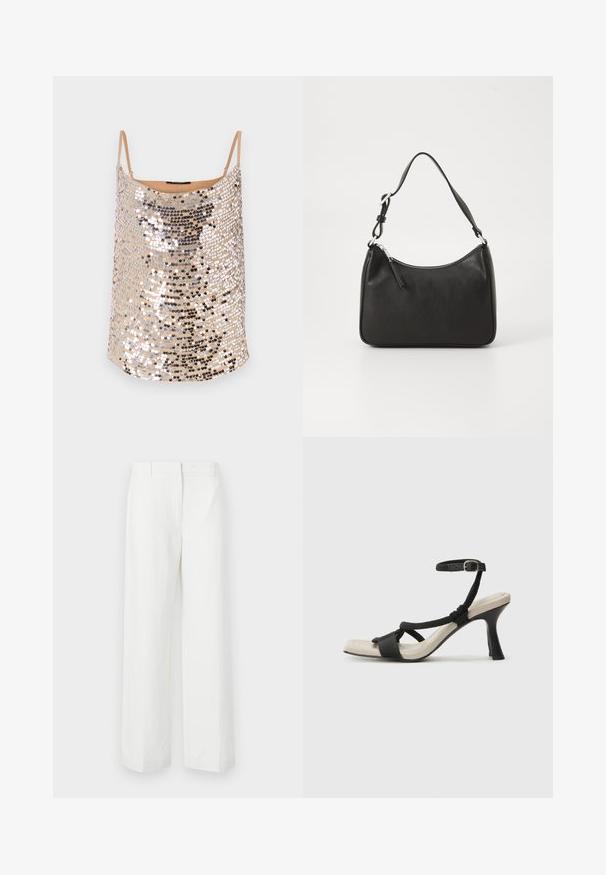 Top nud cu paiete, cu bretele subțiri, având paiete argintii și negre într-un model strălucitor, textură netedă și croială lejeră.; Pantaloni albi, cu picioare largi, cu o textură netedă, având un față plată și pliuri presate. Realizați dintr-un material ușor, fără modele vizibile.; Sandal cu toc negru, cu design de curea împletită, vârf pătrat și curea de gleznă ajustabilă. Tălpică de un bej deschis și toc negru lucios.; Geantă de mână din piele neagră, cu o formă curbată, curea unică, închidere cu fermoar și un branding subtil pe față. Textură fină, design minimalist.