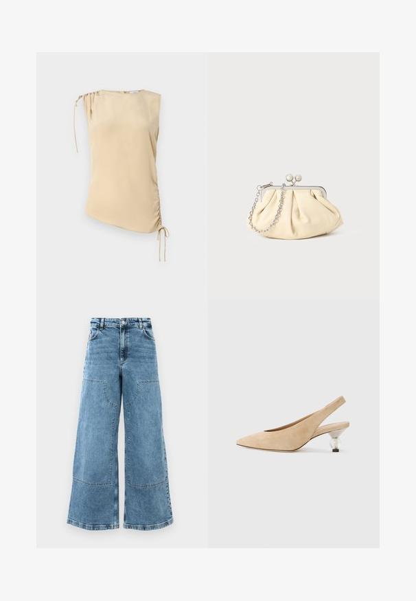 Bežinė berankovė palaidinė su asimetriniu apvadu, su surinkta dalimi ant peties ir reguliuojamomis raištelėmis vienoje pusėje. Lygus paviršius.; Šviesiai mėlyni džinsai plačiomis kojomis, aukštu liemeniu, didelėmis priekinėmis kišenėmis ir matomomis siūlėmis. Yra klasikinis penkių kišenių dizainas.; Šviesiai rudos suknelės suknelės su smailiu pirštu ir skaidriu, apvaliu kulnu. Lygus tekstūros ir minimalistinis dizainas.; Plyšiniai smėlio spalvos odiniai rankinukai su sidabriniu metaliniu rėmu, turintys du apvalius dekoratyvinius užtrauktukus ir sidabrinę grandinėlę.