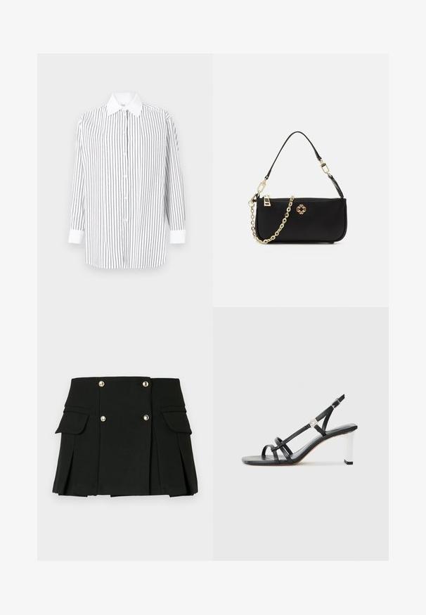 Weißes Langarmhemd mit dünnen schwarzen vertikalen Streifen, Knopfleiste und klassischem Kragen mit kontrastierenden weißen Manschetten.; Schwarzer, plissierter Minirock aus strukturiertem Gewebe, ausgestattet mit zwei Fronttaschen und goldfarbenen Knopfakzenten.; Schwarze High-Heelsandalen mit mehreren schmalen Riemen, im Slingback-Design und einem silbernen Akzent an der Ferse. Glattes Obermaterial und blockförmige Ferse.; Schwarze Handtasche mit glatter Textur, ausgestattet mit einer goldenen Kettenriemen, Reißverschlussverschluss und einem dekorativen goldenen Emblem auf der Vorderseite.