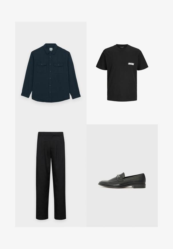 Redefined Rebel COOPER REGULAR FIT PLUS - Cămașă - navy; Tricou din bumbac negru, cu mâneci scurte, guler rotund și o imprimare albă a logo-ului pe partea stângă a pieptului. Textură netedă, croială clasică.; Pantaloni negri dintr-un material neted, cu un design drept, două pliuri frontale și un tiv standard cu bucle pentru curea.; Pantofii negri din piele cu un finisaj neted, având un design cusut și un accent decorativ de lanț metalic peste partea de sus. Toc plat.