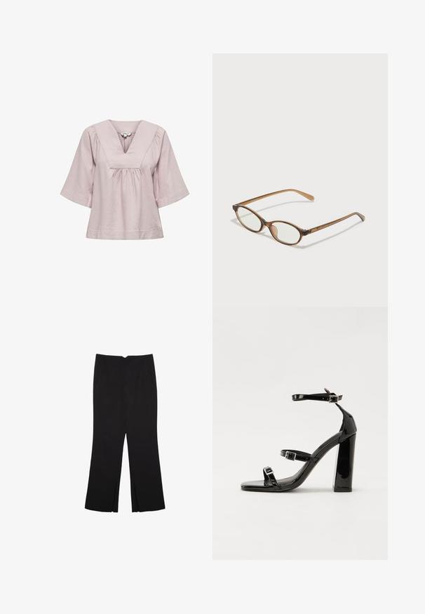 Helles rosa Blusenshirt mit V-Ausschnitt, kurzen weiten Ärmeln und Raffung am Bund. Hergestellt aus weichem, glattem Stoff.; Schwarze Hose mit geradem Schnitt, ausgestattet mit Fronttaschen und Seitenschlitzen am Saum. Hergestellt aus weichem, glattem Stoff. Geeignet für verschiedene Anlässe.; Schwarze patentierte Sandalen mit Absatz, quadratischer Spitze, Knöchelriemen und silbernen Schnallen. Mit einem stabilen Blockabsatz für mehr Stabilität.; Braune Schildpatt-Brille mit ovalen Gläsern, dünnen Bügeln und transparenten Akzenten. Verfügt über ein dezentes Logo am Bügel. Elegantes, leichtes Design.