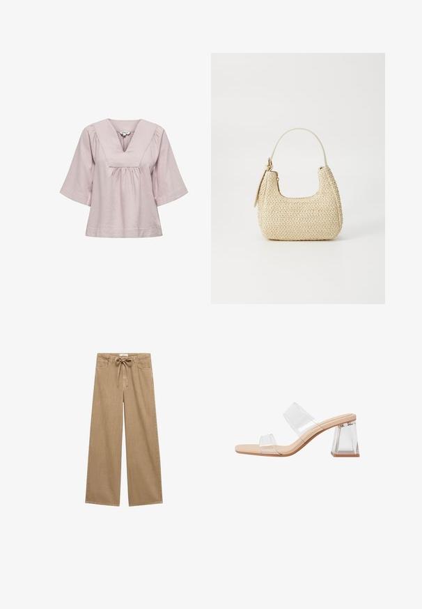 Lys rosa bluse med V-udskæring, korte brede ærmer og sammensyning ved taljen. Lavet af blødt, glat stof.; Beige brede bukser med drawstring-talje, der har to forlommer og et blødt, struktureret stof.; Gennemsigtige hæle-sandaler med to klare remme, en beige bund og en geometrisk klar blokhæl. Minimalistisk design med glat overflade.; Vævet stråhåndtaske i beige med en buet form, en kort håndtag og en sidelomme med lynlås. Har tekstureret overflade og minimalistisk design.