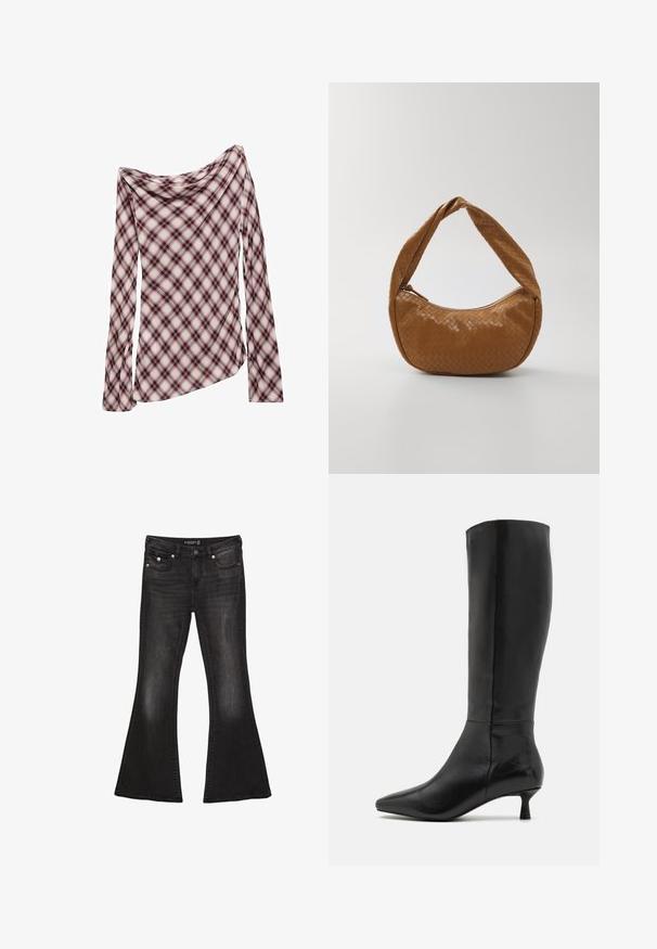 Langarmshirt mit drapiertem Ausschnitt, mit einem karierenden Muster in Rot, Schwarz und Weiß. Weicher Stoff mit glatter Textur.; Schwarze Denim-Jeans mit ausgestelltem Bein und mittelhohem Bund, die fünf Taschen, kontrastierende Nähte und Hardware-Akzente in Silberfarbe aufweisen.; Zign Stiefel - black; Geflochtene Lederhandtasche in Braun, ovale Form mit einem dicken geflochtenen Griff, ausgestattet mit einem Reißverschluss und glänzender Textur.
