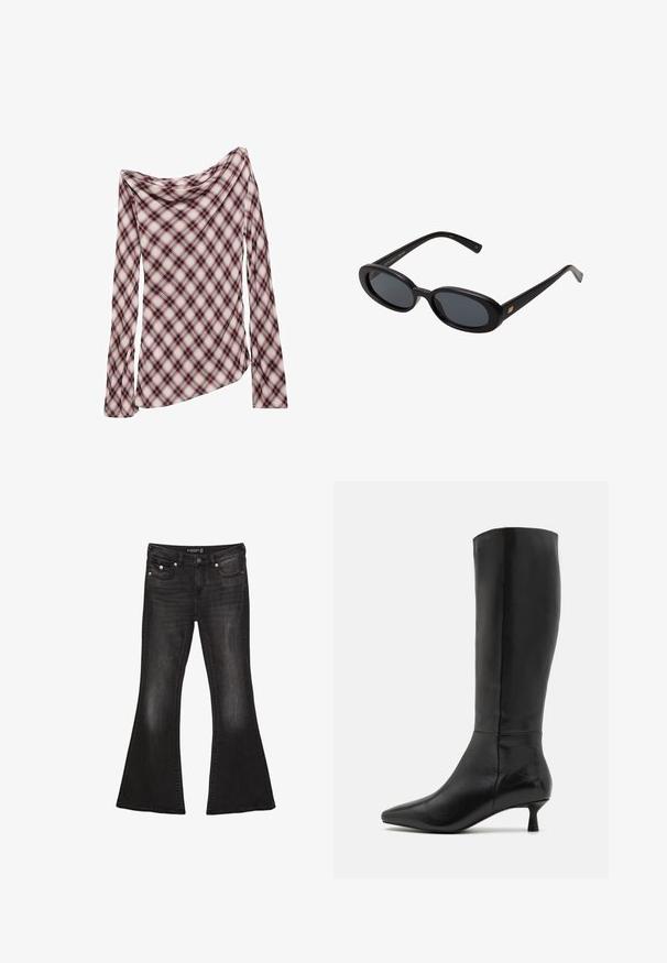 Dugi rukav s drapiranim izrezom, s kariranim uzorkom u crvenoj, crnoj i bijeloj boji. Mekani materijal s glatkom teksturom.; Crne traperice s raskošnim izrezom i srednje visokim strukom, s pet džepova, kontrastnim šavovima i akcentima od srebrnog metala.; Zign Čizme - black; Crne velike sunčane naočale s ovalnim staklima, glatkim plastičnim okvirom i zlatnim detaljima na sljepočnicama. Tamna stakla pružaju zaštitu od sunca.