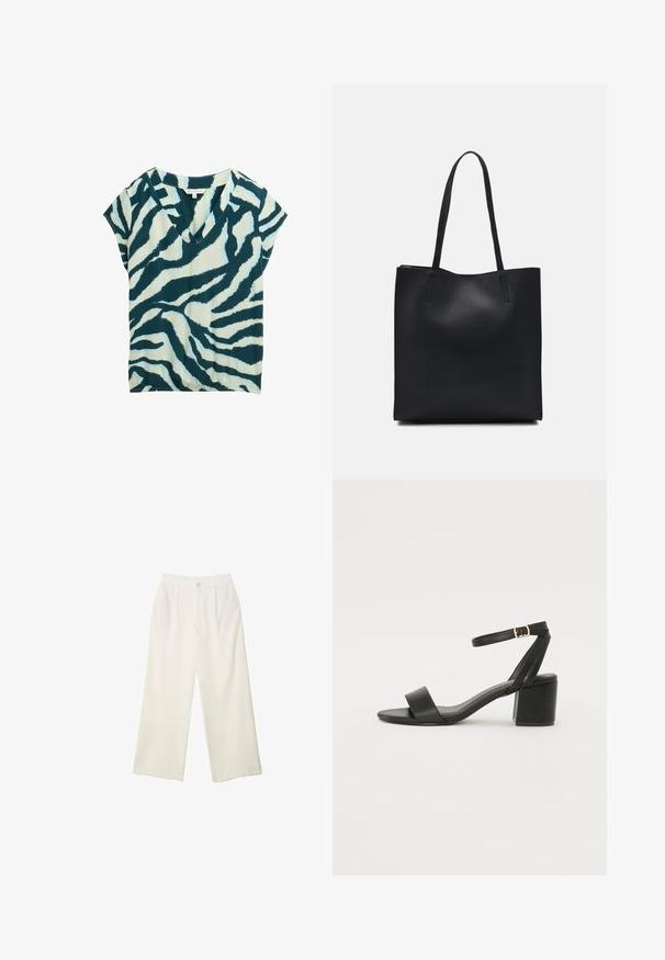 Short-sleeve top in teal and cream, featuring a v-neck and a zebra stripe pattern. Soft fabric with a relaxed fit and subtle sheen.; Wide-leg trousers in cream fabric with a smooth texture, featuring a single front button, subtle pleats, and a high waist design.; Black heeled sandal featuring a smooth leather upper, an open toe, wide front straps, and adjustable ankle strap with a gold buckle detail.; Black leather tote bag with smooth texture, rectangular shape, and two long handles. No visible hardware or embellishments.