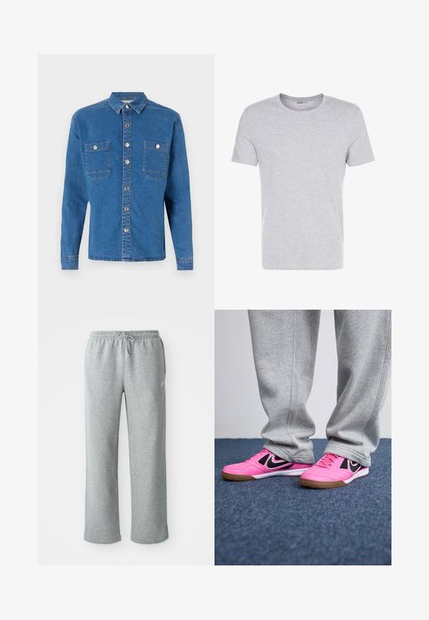 Denim Project LOOSE OVERSIZED - Overhemd - mid blue washed; Grijze katoenen t-shirt met een ronde hals, korte mouwen en een eenvoudige uitstraling, met een zachte, gladde textuur en zonder zichtbare patronen of versieringen.; Grijze katoenen sweatpants met een elastische tailleband, trekkoordsluiting en rechte pijpen. Bevat een klein logo op de bovenste linkerkant.; Roze sport schoenen met zwarte accenten, vetersluiting en rubberen zool. Grijze trainingsbroeken bedekken gedeeltelijk de schoenen, gezet op een blauwe tapijt.