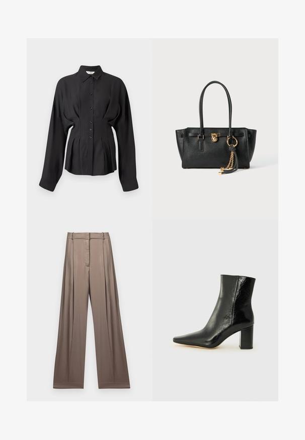 Schwarzes Langarmshirt aus glattem Stoff, mit einer durchgehenden Knopfleiste, abgerundetem Saum und gerafften Details an der Taille für eine taillierte Passform.; Weite Hosen in einem gedeckten Taupe-Ton, aus glattem Stoff mit satinartiger Oberfläche. Mit einem taillierten Bund und dezenten Falten.; Schwarze Knöchelstiefelette aus glänzendem Leder mit spitzem Zeh und klobigem, quadratischem Absatz. Verfügt über eine glatte Textur und ein minimalistisches Design.; Schwarze Lederhandtasche mit doppelten Griffen, goldfarbener Verschluss- und Kettendetails sowie einem schwarz-weißen Quastenaccessoire vor weißem Hintergrund.