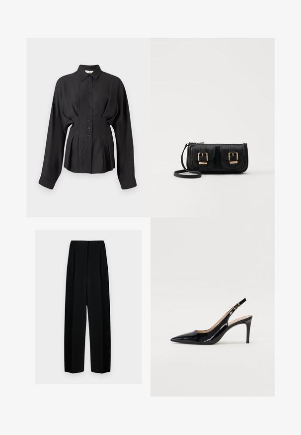 Čierna dlhá košeľa s dlhým rukávom z hladkej látky, s gombíkovým zapínaním vpredu, zakriveným lemom a zberaním v páse pre prispôsobený strih.; Čierne široké nohavice s vysokým pásom, so skladmi a hladkou textúrou. Tkanina vyzerá ľahko a elegantne sa drapuje.; Čierne lakované kožené slingback lodičky s špicatou špičkou, štíhlým podpätkom a jemným výrezom. Obsahuje zlatú pracku na remienku.; Čierna kožená crossbody taška s dvoma prednými vreckami, zlatými sponami, zipsovým uzatváraním a úzkym popruhom. Štruktúrovaný povrch a kompaktný obdĺžnikový tvar.