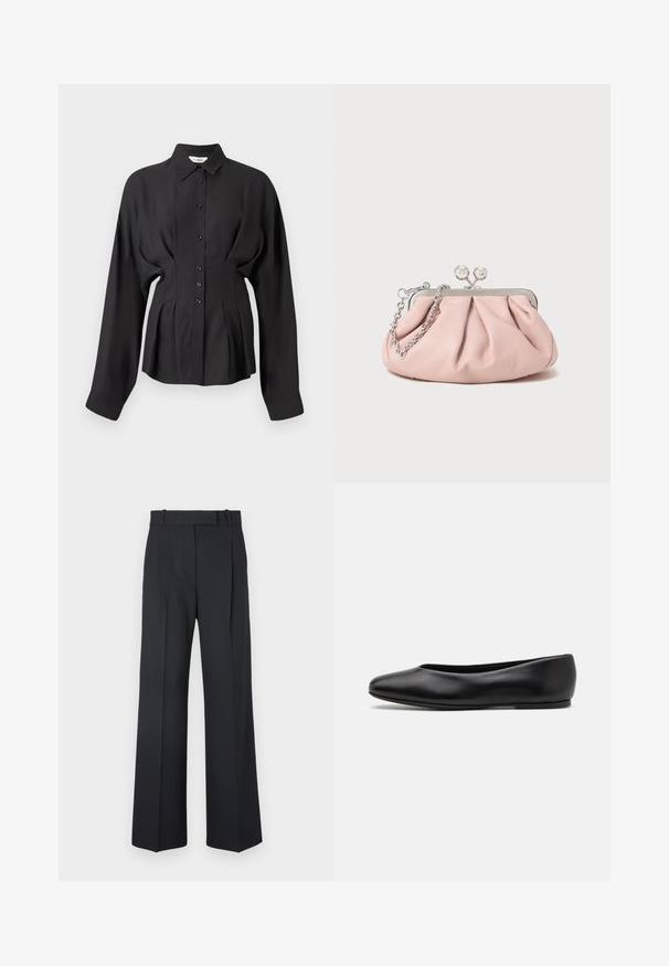 Crna košulja dugih rukava od glatkog materijala, s kopčanjem sprijeda, zakrivljenim rubom i naborima u struku za prilagođeni kroj.; Tamno plave prugaste hlače visokog struka, širokih nogavica, bez vidljive opreme ili ukrasa. Glatka tekstura i kroj prilagođen tijelu.; Paul Smith TOPANGA - Balerinke - black; Ružičasta kožna torbica na preklop s naboranim dizajnom, metalnim okvirom, s dva okrugla kopčana i srebrnim lančanim remenom. Glatka tekstura, kompaktni oblik.