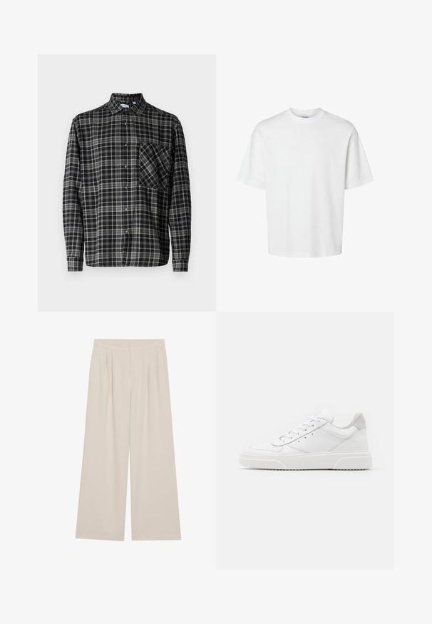 Only & Sons ARCHER WASHES RELAXED - Skjorta - black; Vit bomullströja med korta ärmar, rundad halsringning och en avslappnad passform. Slät textur utan synliga mönster eller detaljer.; Beiga vida byxor med platt fram, veck och elastisk midja. Tillverkade av ett lätt tyg med en slät yta.; Vita lädersneakers med en slät yta, rund tå, platta snören och en texturerad sula. Grå mockadetalj vid hälen.