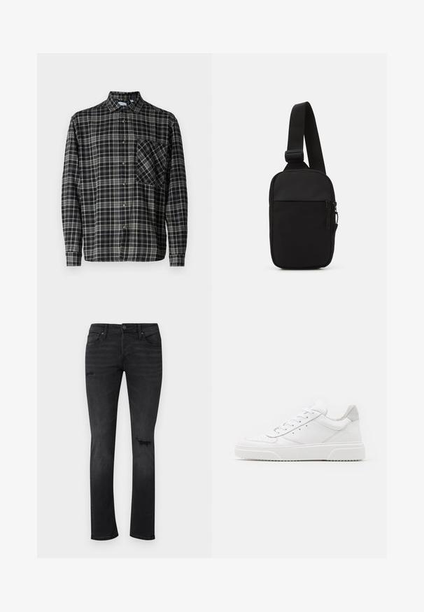 Only & Sons ARCHER WASHES RELAXED - Skjorter - black; Sorte denimjeans med slim fit, med synlige slidte områder ved knæene, fem lommer og en standard knap- og lynlåslukning.; Hvide lædersneakers med en glat finish, rund tå, flade snørebånd og en struktureret sål. Grå ruskindsdetalje ved hælen.; Sort crossbody taske lavet af slidstærkt stof, med en enkelt justerbar rem, en lynlåset hovedrum og en frontlomme.