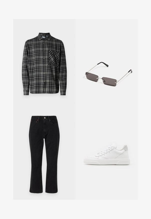 Only & Sons ARCHER WASHES RELAXED - Skjorter - black; Sorte denim jeans med lige ben, fem lomme-design og metalhardware med kobberdetaljer. Glat tekstur og mellem høj midt.; Hvide lædersneakers med en glat finish, rund tå, flade snørebånd og en struktureret sål. Grå ruskindsdetalje ved hælen.; Solbriller med rektangulære, mørke grå linser, sølv metalrammer og sorte plastiks spidser på stængerne. Letvægtsdesign med næsepuder.