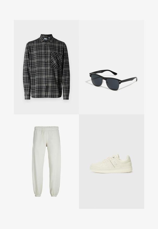 Only & Sons ARCHER WASHES RELAXED - Overhemd - black; Witte sweatpants gemaakt van zachte stof, met een elastische tailleband en boorden, een gladde textuur en een losvallend ontwerp.; Crème-kleurige sneaker met geperforeerde details, veters en een logo aan de zijkant, weergegeven tegen een eenvoudige witte achtergrond.; Zwarte zonnebril met een rechthoekige vorm, donkere lenzen, zilveren accenten bij de slapen en een matte afwerking op het montuur.