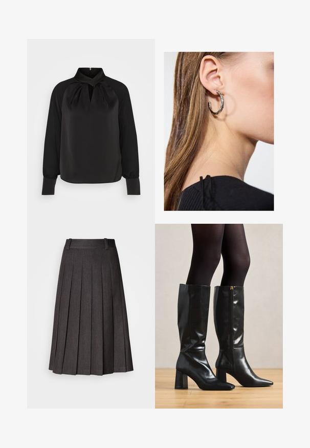 Juodas satino blusas su aukštu apykakle, raukšlėta detalizacija kaklo srityje ir ilgomis rankovėmis su priglundančiais riešais. Lygi tekstūra, minimalistinis dizainas.; Pilkas raukiniais sijonas su lygiu juosmeniu, midi ilgio ir sklandžiu paviršiumi, su ryškiais, tolygiai išdėstytais raukiniais visame paviršiuje.; Juodų odinių batų iki kelių su blizgiu paviršiumi, smailia nosimi ir masyviu kulnu. Šone esanti užtrauktuko detalė, kad būtų lengviau užsidėti.; Sidabrinė lankinė auskarai su poliruotu paviršiumi, turintys mažus auksinius akcentus ir apvalią formą, dėvimi ant ausies kaušelio.