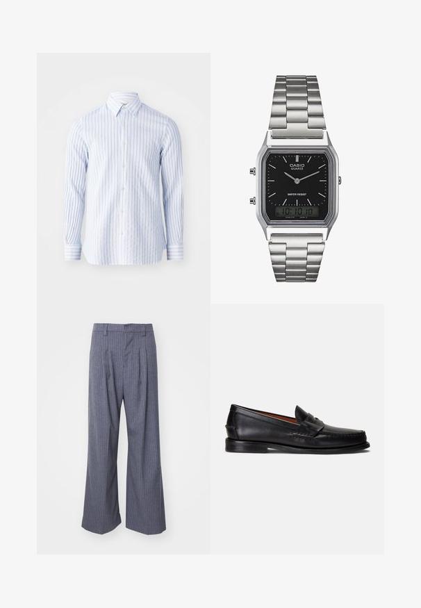 Gestreifte Button-Up-Bluse in Hellblau und Weiß, mit Kragen und langen Ärmeln mit Knopfmanschetten. Leichter Baumwollstoff.; Weißes Baumwoll-T-Shirt mit kurzen Ärmeln, rundem Ausschnitt und einem dezenten "Levi's"-Logo in heller Farbe auf der Vorderseite.; Graue gestreifte Hose mit weitem Bein, versehen mit Falten an der Vorderseite und einer glatten Textur. Keine sichtbaren Beschläge oder Akzente.; Schwarze Lederloafer mit glatter Oberfläche, abgerundetem Zehenbereich und dekorativem Riemen über dem Spann. Verfügt über eine flache schwarze Sohle.; Silberner Edelstahl-Quartz-Uhr mit schwarzem rechteckigem Zifferblatt, ausgestattet mit analogen Zeigern, digitaler Anzeige und Wasserdichtigkeitslabel.