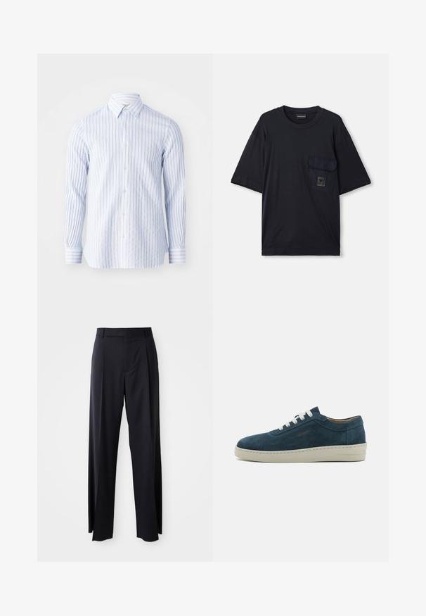 Camicia a righe nei toni del blu chiaro e bianco, con colletto e maniche lunghe con polsini abbottonati. Tessuto in cotone leggero.; T-shirt nero a maniche corte con collo a giro e tasca a patta sul lato sinistro del petto, caratterizzato da un piccolo logo rettangolare.; Pantaloni neri a vita alta con gamba larga, realizzati in tessuto liscio. Presentano pieghe frontali e passanti per cintura. Design minimalista, senza hardware visibile.; Sneaker in suede blu con punta arrotondata, lacci bianchi e suola in gomma. Presenta cuciture sottili e un'accents branded sul lato.
