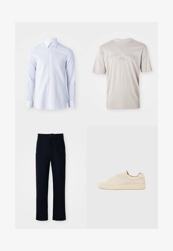 Camicia a righe nei toni del blu chiaro e bianco, con colletto e maniche lunghe con polsini abbottonati. Tessuto in cotone leggero.; T-shirt beige chiaro a maniche corte realizzato in morbido tessuto, con logo ricamato "Emporio Armani Milano" in una tonalità leggermente più scura.; Pantaloni color blu navy in cotone, con design a gamba dritta, chiusura con bottone frontale e vita classica con passanti per cintura.; Sneaker in suede beige con design a basso profilo, punta rotonda, lacci piatti e suola in gomma testurizzata. Stile minimalista senza loghi visibili.