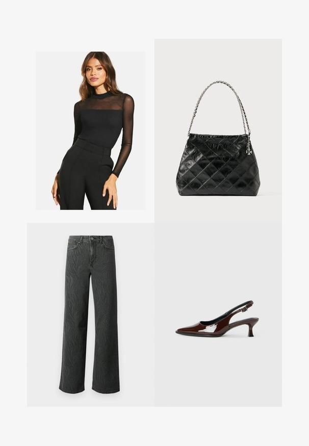 Top nero a maniche lunghe con una texture a coste e dettagli in rete trasparente sulle spalle. Abbinato a pantaloni neri a vita alta.; Jeans a gamba larga in denim grigio scuro, con una sottile texture a zebra, cuciture a contrasto e design a cinque tasche con chiusura a bottone.; Scarpa slingback in pelle verniciata marrone con punta affusolata e tacco moderato. Presenta una fascia con fibbia per una calzata sicura. Tessuto liscio.; Borsa a tracolla nera in pelle trapuntata con manico a catena argentata, caratterizzata da un design strutturato e una texture liscia.