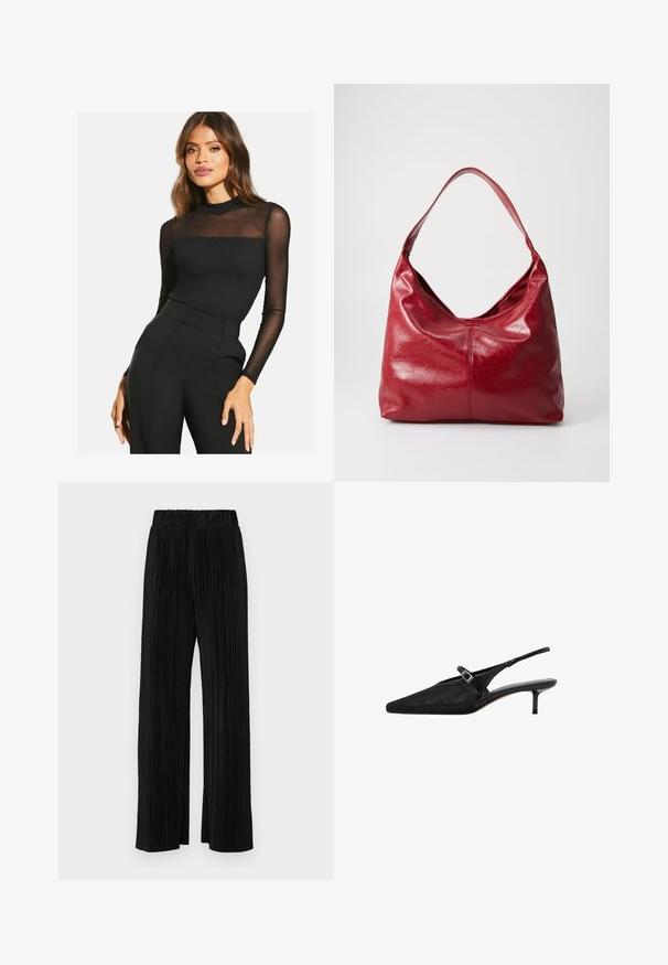 Čierny top s dlhým rukávom a ribovanou textúrou s priesvitným sieťovaním na pleciach. V kombinácii s čiernymi nohavicami s vysokým pásom.; Čierne plisované nohavice s elastickým pásom. Majú široké nohavice a hladkú, textúrovanú látku s vertikálnymi pruhmi.; Čierne slingback topánky na vysokom podpätku s bodkovanými špičkami, textúrovaným sieťkovým zvrškom, štíhlym nastaviteľným popruhom so striebornou sponou a 5 cm stiletto podpätkami.; Červená kožená hobo taška s mäkkým, textúrovaným povrchom, jedným ramenným popruhom a zaobleným, voľným tvarom.