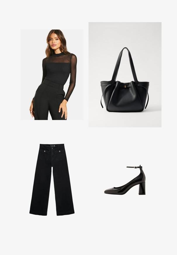Črn dolg rokav top s rebrasto teksturo in prozornim mrežastim detajlom na ramenih. Usklajen z visokimi črnimi hlačami.; Črne široke kavbojke z visokim pasom, ki imajo dva sprednja žepa in kovinske gumbi. Tkanina ima gladko teksturo.; Črne lakaste čevlje z ankel trakom, sijajne površine, s koničastim nosom in debelim blok peto. Gladka tekstura, minimalni detajli.; Črna usnjena torba s dolgima ročajema, z nabranim vrhom in zlatim okroglim dodatkom. Gladka tekstura s minimalističnim oblikovanjem.