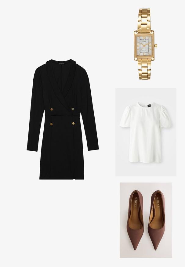 Balta trumpa rankovėmis palaidinė su apvaliu iškirpimu ir susiraukšlėmis pūstomis rankovėmis. Apykaklėje yra banguotas kraštas. Minkšta, tekstūruota medžiaga.; Juoda apgaubta suknelė, pagaminta iš tekstūruotos medžiagos. Turi ilgas rankoves, gilų V formos iškirpimą ir du auksinius mygtukus juosmens srityje.; Rudi satino aukštakulniai batai su smailiu priekiu, lygiu paviršiumi, žemu kirpimu ir minimalistiniu dizainu. Vidinė dalis yra smėlio spalvos.; Aukso spalvos kvadratinis laikrodis su baltu ciferblatu, sidabro spalvos valandų žymekliais ir patvariu metaliniu apyrankiu. Įtrauktas vandeniui atsparus funkcionalumas.