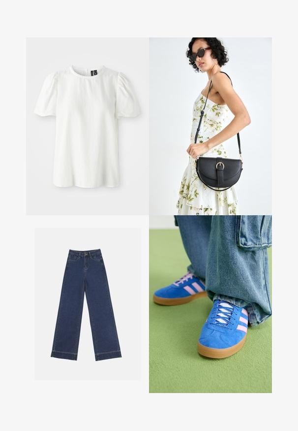 Bela kratka majica s kratkimi rokavi in okroglo izrezom ter nabranimi napihnjenimi rokavi. Ima valovit rob okoli izreza. Mehka, strukturirana tkanina.; Široke traperice v temno modrem denimu. Imajo pet žepov, zanke za pas in surov rob na dnu z vidnimi šivi.; Modri semiš čevlji z rožnatimi črtami in belimi vezalkami, z gumijastim podplatom, v kombinaciji z ohlapnimi jeans hlačami na zeleni površini.; Črna usnjena torbica s ukrivljeno obliko, z odstranljivo naramnico in zlatimi dodatki. Torbica ima pokrov s podrobnostmi v obliki zaponke.