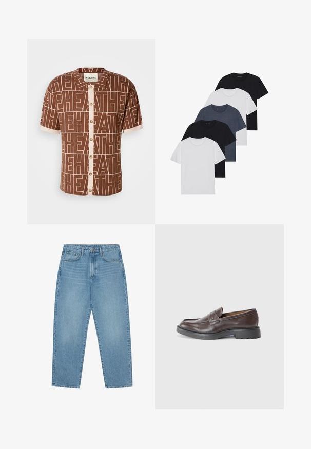 Camicia a maniche corte di colore marrone con un motivo ripetuto "HEATHE". Chiusura anteriore con bottoni e dettagli beige, colletto. Tessuto morbido e texturizzato.; Set di cinque t-shirt in nero, bianco e blu navy. Tessuto di cotone, maniche corte, design a collo rotondo e texture semplice senza motivi.; Jeans a gamba larga in denim azzurro chiaro con vita alta, dotati di cinque tasche, passanti per cintura e una consistenza morbida e leggermente sbiadita.; Mocassini in pelle marrone con finitura liscia, punta arrotondata, cuciture minime e suola spessa in gomma nera. Nessun hardware o accenti visibili.