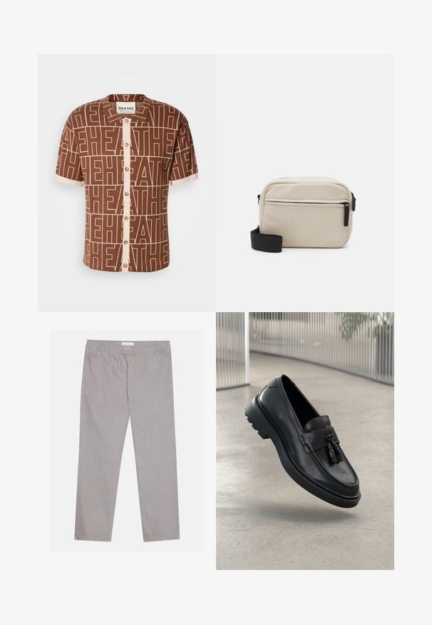 Kurzenärmeliges, braunes Hemd mit einem sich wiederholenden "HEATHE"-Muster. Frontknopfverschluss mit beigen Akzenten und einem Kragen. Softes, strukturiertes Material.; Weißes ärmelloses Oberteil aus glattem Stoff, mit einem runden Ausschnitt und einer taillierten Silhouette, geeignet zum Schichten oder als eigenständiges Kleidungsstück.; Hellgraue Baumwollhose mit elastischem Bund, zwei seitlichen Taschen, geradem Beinschnitt und glatter Textur. Simple Nahtdetails.; Schwarze Leder-Loafer mit glatter Oberfläche, dekorativem Quasten, dicker Gummisohle und abgesteppten Akzenten. Leichtes und schlankes Design.; Cremfarbener Corduroy-Crossbody-Beutel mit einem schwarzen Reißverschluss, abnehmbarem Tragegurt und strukturiertem Muster. Verfügt über ein Hauptfach und eine Fronttasche.; Mehrlagige Halskette mit metallischen Silberketten und Perlen in weißen und braunen Farbtönen, die unterschiedliche Texturen und Formen präsentiert.