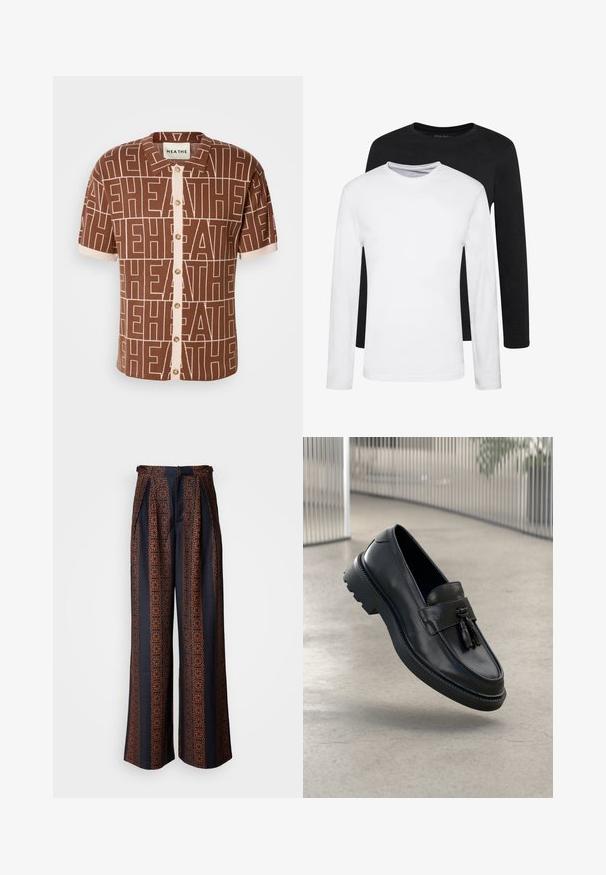 Camicia a maniche corte di colore marrone con un motivo ripetuto "HEATHE". Chiusura anteriore con bottoni e dettagli beige, colletto. Tessuto morbido e texturizzato.; Due camicie a manica lunga, una nera e una bianca, realizzate in cotone con scollo rotondo e una texture liscia, esposte in un disposizione impilata.; Pantaloni a gamba larga in tessuto blu scuro con un intricato motivo geometrico arancione, con vita aderente e pieghefrontali.; Mocassini in pelle nera con finitura liscia, nappe decorative, suola spessa in gomma e dettagli cuciti. Design leggero ed elegante.