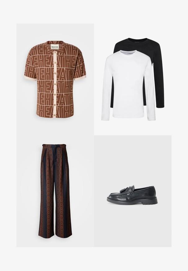 Lyhythihainen, ruskea paita, jossa on toistuva "HEATHE"-kuvio. Edessä napitus beigeillä yksityiskohdilla ja kaulus. Pehmeä, teksturoitu kangas.; Kaksi pitkähihasta paitaa, yksi musta ja yksi valkoinen, puuvillasta valmistettuja, pyöreäkaula-aukolla ja sileällä pinnalla, esillä pinoamalla.; Vaaleat lahkeet tummansinisestä kankaasta, jossa on monimutkainen oranssi geometrinen kuvio, laskostettu etuosa ja istuva vyötärö.; Musta nahkakengäntä, joissa on pyöreä kärki, nauha tupsuilla ja paksu pohja, jossa on kuvio. Sileä pinta ja klassinen muotoilu.