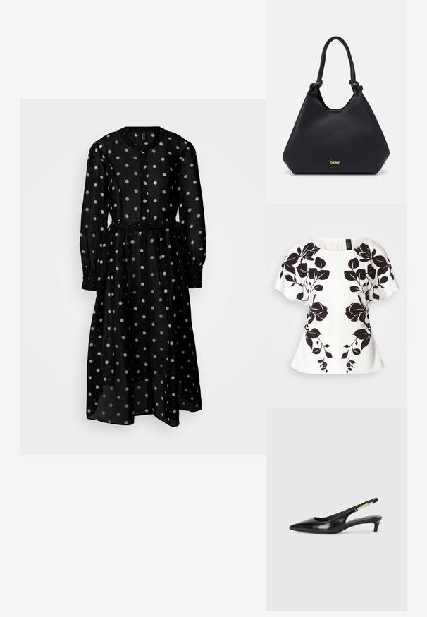 Bijela bluza s crnim cvjetnim uzorkom, kratkim rukavima i izrezom u obliku suknje. Strukturirani oblik s peplum stilom na dnu. Zatvaranje na stražnjem dijelu sa patentnim zatvaračem.; Crna haljina dugih rukava od prozirnog materijala, s bijelim točkicama, kopčanjem sprijeda na gumbe i remenom u struku za definiranu siluetu.; Crne kožne sandale s petom, s izduženim vrhom, imaju usku petu i zlatni akcent na podesivoj traci. Glatka tekstura.; Crna kožna torba koja ima teksturiranu završnu obradu, ručke s čvorovima i zlatni logotip na dnu. Ima opuštenu siluetu.