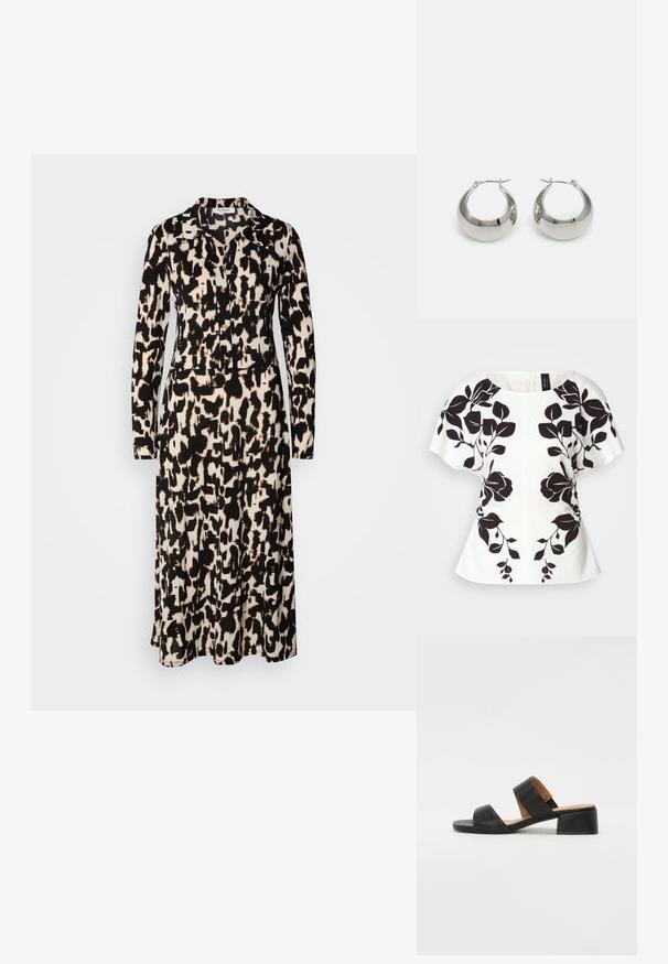 Bijela bluza s crnim cvjetnim uzorkom, kratkim rukavima i izrezom u obliku suknje. Strukturirani oblik s peplum stilom na dnu. Zatvaranje na stražnjem dijelu sa patentnim zatvaračem.; Haljina dugih rukava u crno-bež apstraktnom uzorku. Ima ovratnik i gumbe sprijeda, izrađena je od lagane tkanine.; Crne kožne sandale s dva široka remena preko stopala, kvadratnim vrhom i niskom blok petom. Glatka tekstura i minimalistički dizajn.; Srebrne metalne naušnice u obliku obruča s glatkom, sjajnom površinom i strukturiranim, zaobljenim dizajnom. Imaju šarkasti kopča za sigurno nošenje.