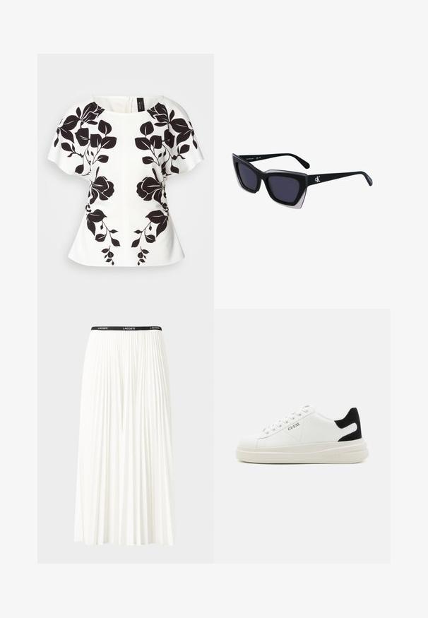 White top featuring black floral design, short sleeves, and a scooped neckline. Structured shape with a peplum-style hem. Rear zipper closure.; Pleated white skirt with a black elastic waistband featuring the "LACOSTE" logo. Mid-length design with soft texture.; White leather sneakers with a thick white sole, black suede heel accent, and embossed logo on the side. Laced design with six eyelets.; Black oversized sunglasses with a geometric shape, featuring dark lenses and a contrasting grey detail on the frame. Logo on the arm.