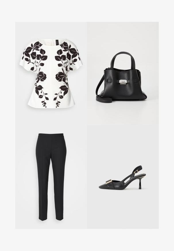 Witte top met zwart bloemenontwerp, korte mouwen en een ronde halslijn. Gestructureerde vorm met een peplumstijl zoom. Rits aan de achterkant.; Zwarte op maat gemaakte broeken met een gladde textuur, slim fit en een vlakke tailleband. Geen zichtbare hardware; naden creëren een gestroomlijnde silhoeette.; Zwarte leren slingback schoen met een spitse neus, slanke hak en een gouden hardwareaccent op de wreef. Glad textuur en gestructureerd ontwerp.; Zwarte leren handtas met een gestructureerde afwerking, voorzien van twee handvatten, een verwijderbare schouderband en een zilveren sluiting.