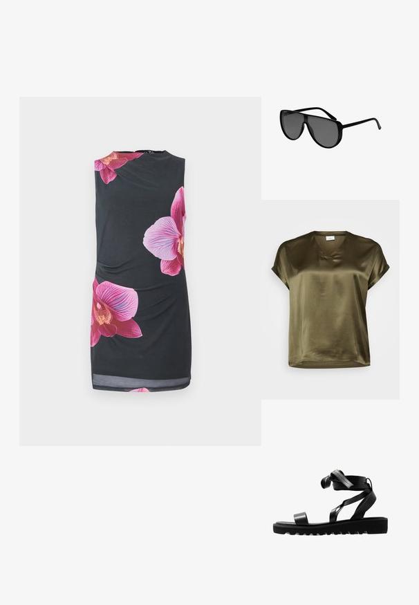 Blusa verde oliva a maniche corte con scollatura a V. Realizzata in tessuto morbido e setoso con taglio dritto e polsini arrotolati.; Abito nero senza maniche con grandi stampe di orchidee rosa, texture liscia, design aderente con dettagli arricciati sul lato, lunghezza al ginocchio.; Sandali neri con suola testurizzata, dotati di sottili cinturini e un design annodato. Realizzati in materiale elegante, forma moderna e punta aperta.; Occhiali da sole neri oversize con lenti curve, montatura in plastica e design elegante. Presentano una tonalità grigio scuro e tempie sottili per un aspetto moderno.; Felpa grigia oversize con tasca a marsupio, abbinata a una gonna svasata blu navy. Accessorio: grande zaino giallo chiaro, di texture liscia.