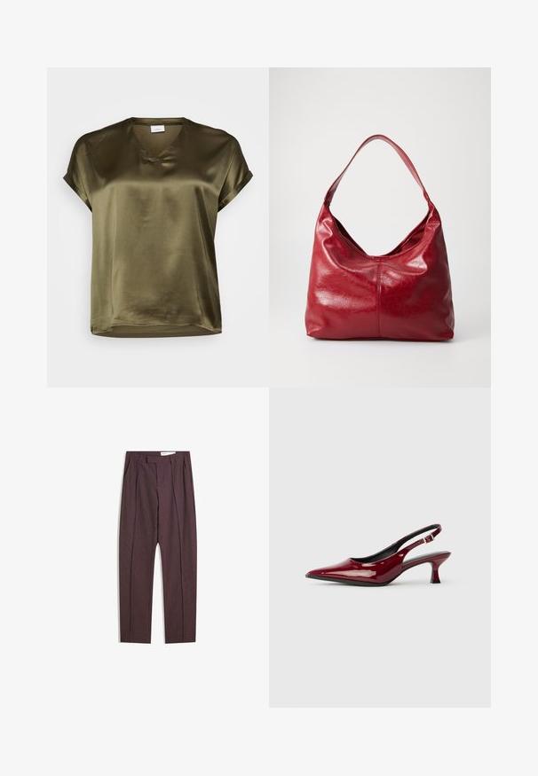 Olivno zelena, kratkodlaka bluza z V-izrezom. Narejena iz gladkega, svilnatega materiala spravnega kroja in zvitimi manšetami.; Vijolične črtaste hlače s pregibi, visokim pasom in ravnim krojem. Narejene iz gladkega, teksturiranega materiala.; Burgundske paten kože slingback pete s oštrim nosom i elegantnom stiletto petom. Dizajn s otvorenom stražnjom stranom s podesivim detaljem na remenu oko gležnja.; Rdeča usnjena hobo torba z mehkimi, teksturiranimi površinami, enim naramnim trakom in zaobljeno, ohlapno obliko.
