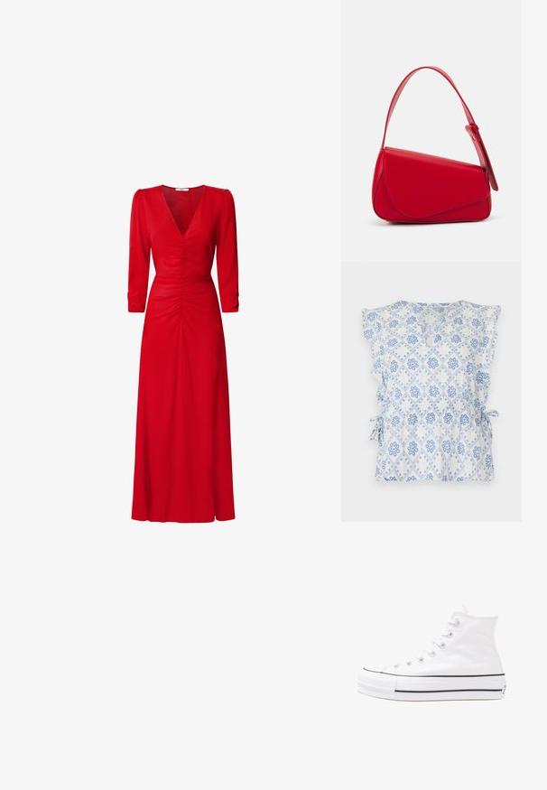 Blusa blanca con patrón de diamantes florales azules, mangas con volantes y lazos en los laterales para un ajuste ajustable. Tejido ligero con una textura especial.; Vestido rojo con escote en V, mangas tres cuartos y detalles fruncidos en la cintura y la espalda. La tela parece suave y ligera.; Zapatilla de lona alta blanca con suela de goma negra, puntera de goma frontal y seis ojetes para los cordones, que presenta un diseño limpio y minimalista.; Bolso de cuero rojo con un diseño angular y geométrico. Cuenta con una única correa ajustable y un cierre de solapa con detalles de costura.