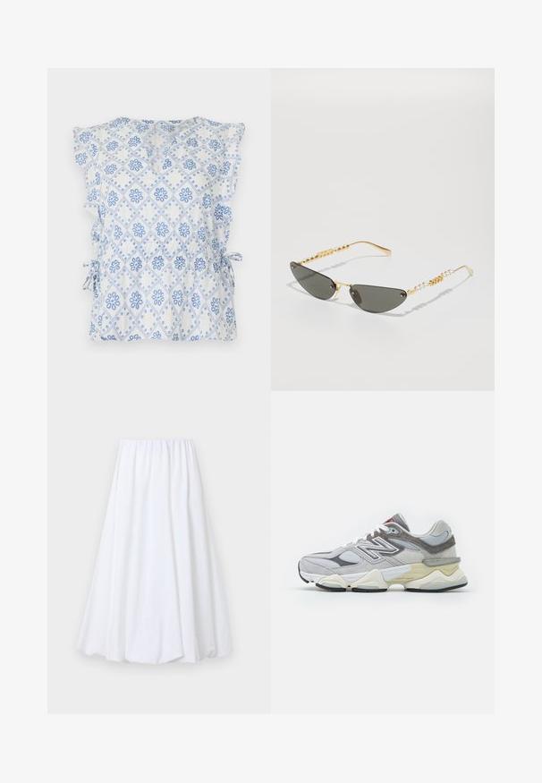 Witte blouse met blauw bloemen- en diamantpatroon, ruches aan de mouwen en zijstrikjes voor een verstelbare pasvorm. Lichtgewicht stof met een gestructureerd gevoel.; Witte enkellange rok met een elastische tailleband, gemaakt van lichte stof met een zachte textuur en een vloeiende pasvorm.; Grijze suède en mesh sneaker met een dikke witte en beige zool, voorzien van een prominente witte logo en rode accentdetails.; Gouden zonnebril met donkergrijze lenzen. Unieke cat-eye vorm. De poot heeft afwisselend gouden kralen en parelaccenten.