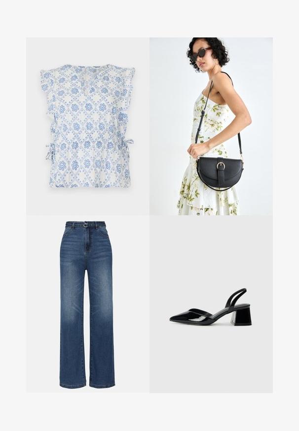 Blouse blanche avec un motif de diamants floraux bleus, manches volantées et liens latéraux pour un ajustement réglable. Tissu léger avec une texture agréable.; Jean en denim bleu à jambe large avec taille haute, présentant deux accents de boucle en métal, un délavage léger et un design standard à cinq poches.; Escarpins en cuir verni noir avec bout pointu et talon bloc géométrique. Présente un design élégant et minimaliste ainsi qu'une texture lisse.; Sac à main en cuir noir avec une forme courbée, bandoulière amovible et des accessoires en or. Le sac est doté d'un rabat avec un détail de boucle.