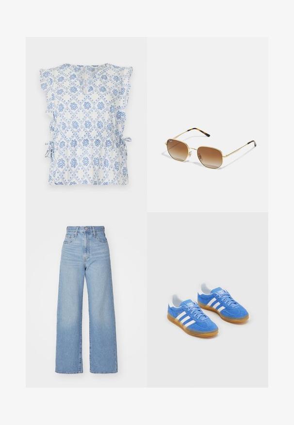 Blouse blanche avec un motif de diamants floraux bleus, manches volantées et liens latéraux pour un ajustement réglable. Tissu léger avec une texture agréable.; Jean large taille haute bleu clair avec bouton et fermeture éclair à l'avant, poches avant et arrière, sur fond blanc.; Baskets en cuir suédé bleu avec des accents rayés blancs, semelle en caoutchouc et col rembourré pour plus de confort. Présente un design classique à lacets.; Lunettes de soleil en métal doré avec un design géométrique, des verres dégradés marron et des accents en écaille noire sur les branches.