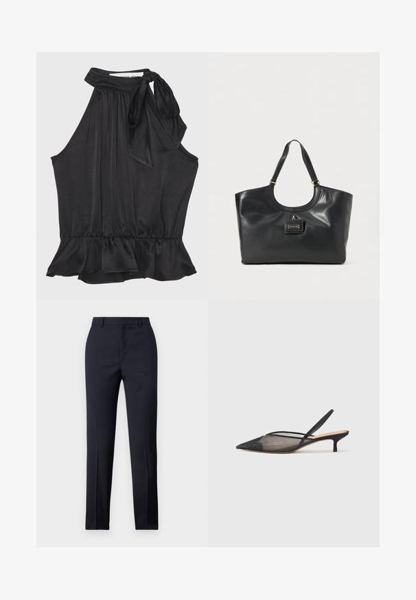DESIGNERS REMIX LUCILLE BOW - Top - black; Navy tailored trousers with a straight cut, featuring a smooth texture, two front pockets, and a clean waistband.; NEOUS IRENA - Classic heels - black; Black leather tote bag with a glossy finish, curved top, two shoulder straps, and a gold-tone hardware accent on the front.
